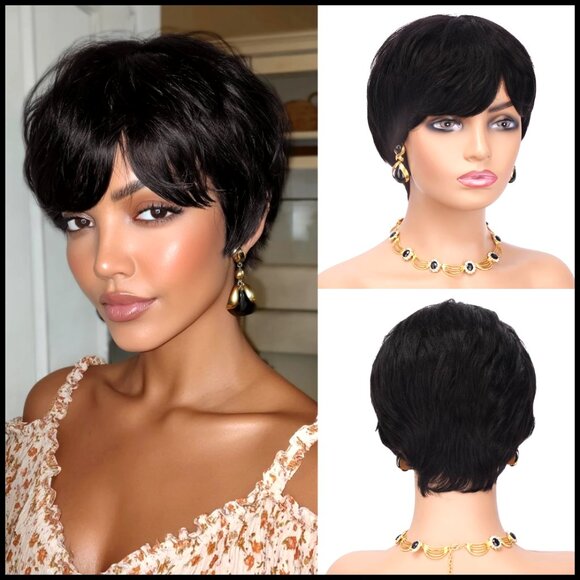 Human Hair Pixie Cut Wig Glueless Layered Straight Short Wig with Bangs main image 2